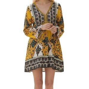 UMGEE Yellow Bohemian V-Neck Printed Dress Size S
